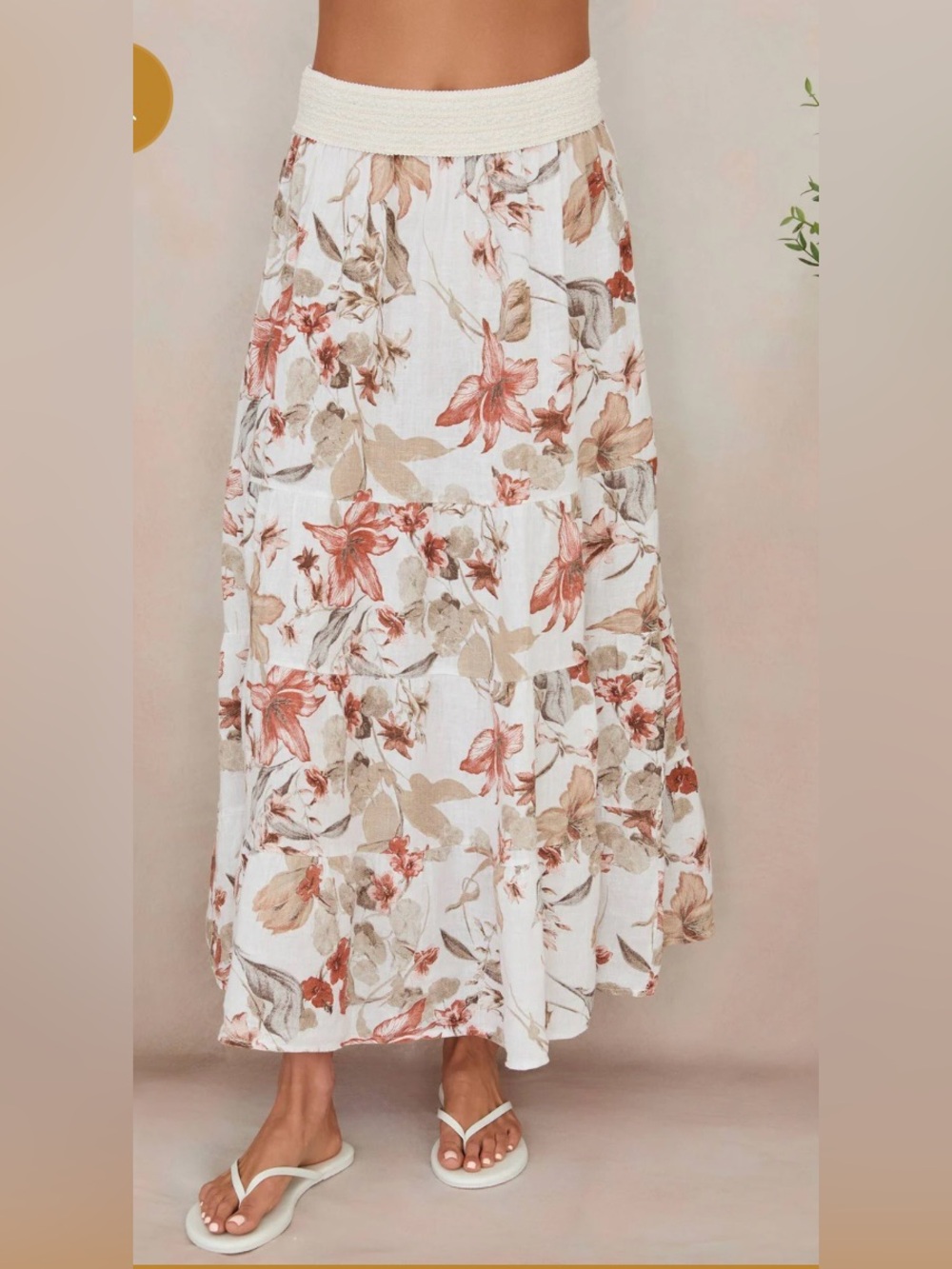 100% Italian Linen Star Flower Tiered Maxi Skirt - Picture 2 of 3